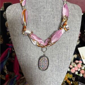 Elegant Pink and Silver Scarf Pendant Necklace